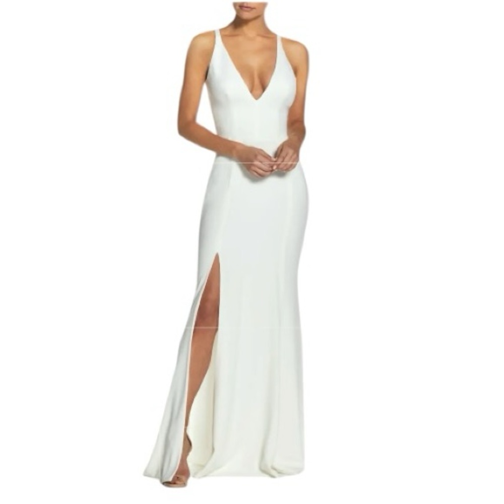 Dress the Population White Plunge V-Neck Maxi Dress with Side Slit